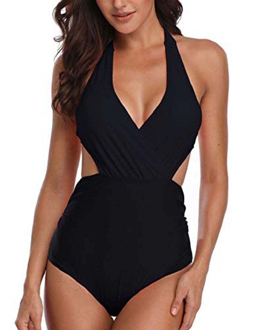 Social heekpek Mujeres Retro Cintura Alta Trajes de Baño Una Pieza Polka Dot Bañador Trajes de Brasileño Conjunto de Bikini Color Liso Push up Bralette