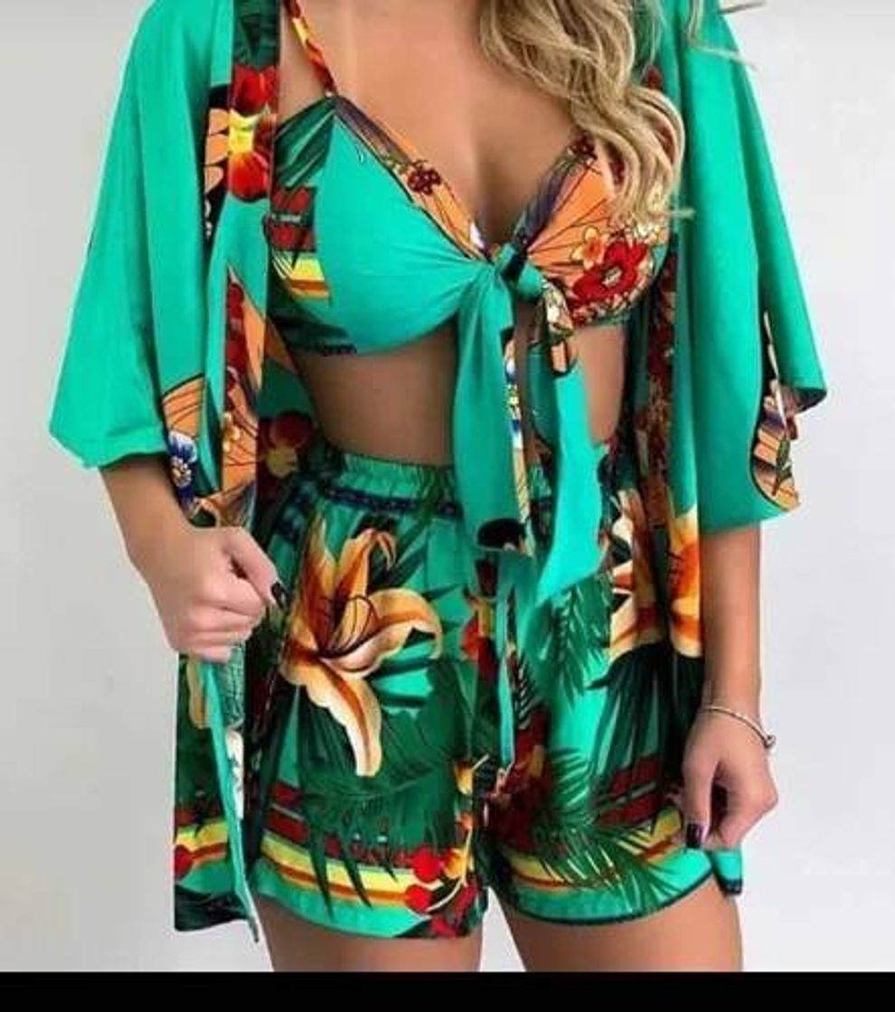 Moda Conjunto cropped + kimono +short 