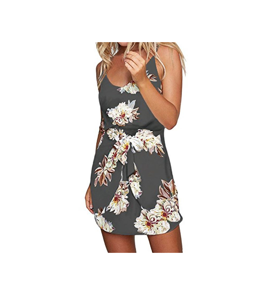 Fashion ACHIOOWA Mujer Vestido Corto Sin Manga Cuello V Dress Halter Tanque Estampado Escote Floral Impreso Camisola Bohemio Elegante Casual Playa Beachwear Sundress Oversize Falda Gris S