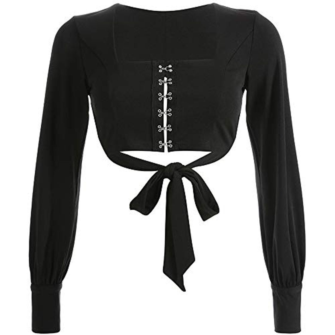 Fashion ZzheHou Camisa Femenina Cuello Cuadrado Camiseta de Manga Larga Atrás Abierta Sujetador Delantero Gancho Ojo Camisa Delgada de Manga Corta Camisa Delgada de Manga Larga Camisa Manga Larga Mujer