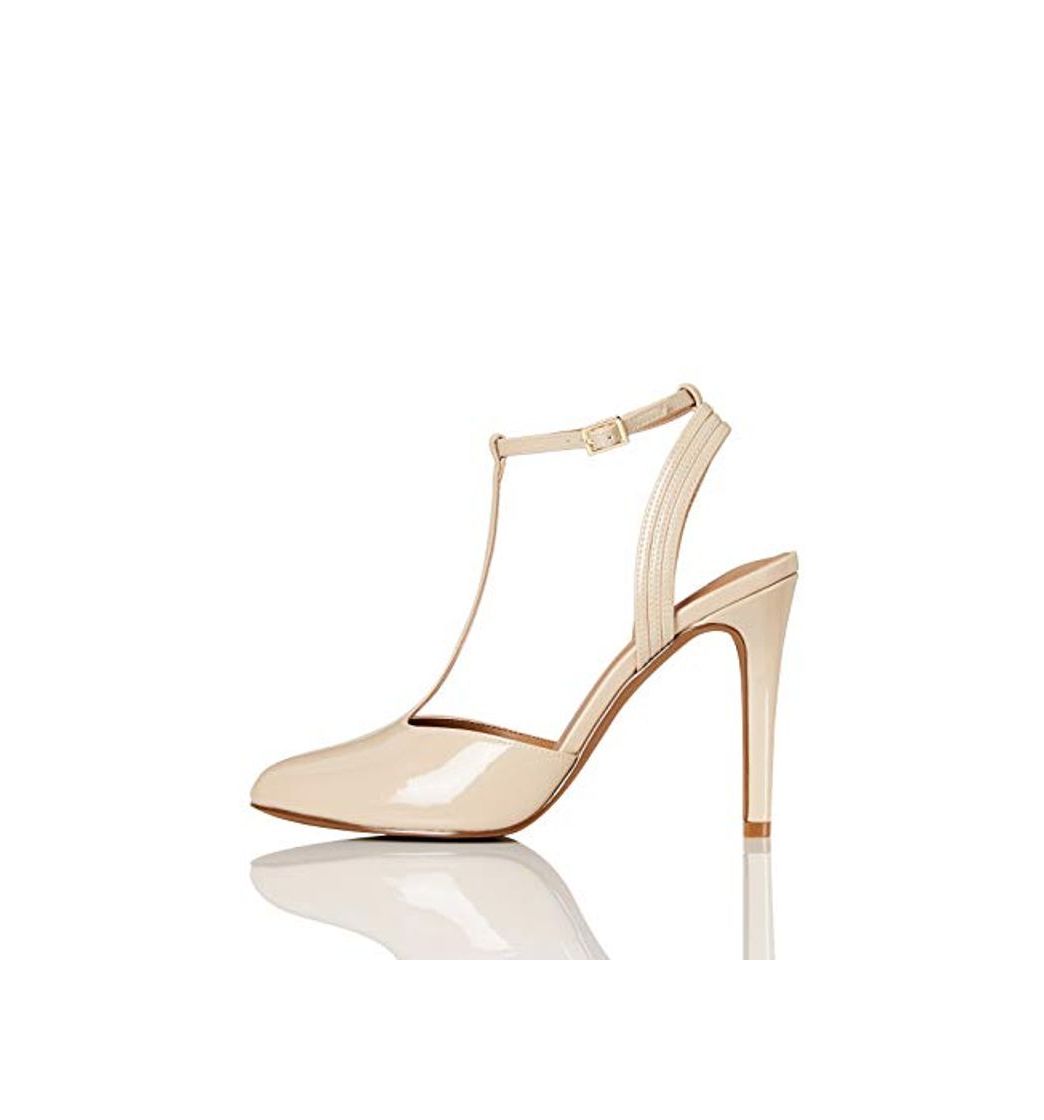 Social Marca Amazon - FIND Stiletto Round Toe T-Bar Zapatos de Tacón, Beige