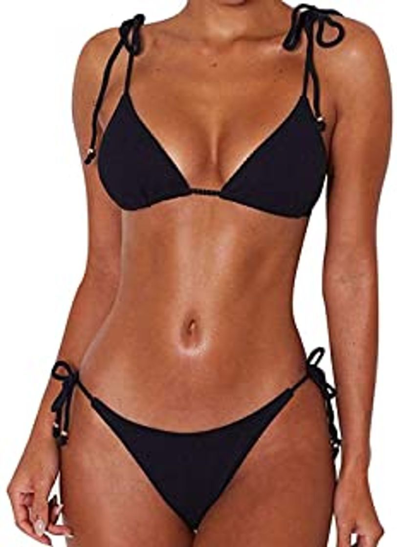 Social JFan Bikini de Lazo Acanalado para Mujer Traje de Baño Brasileño con Parte Inferior Descarada