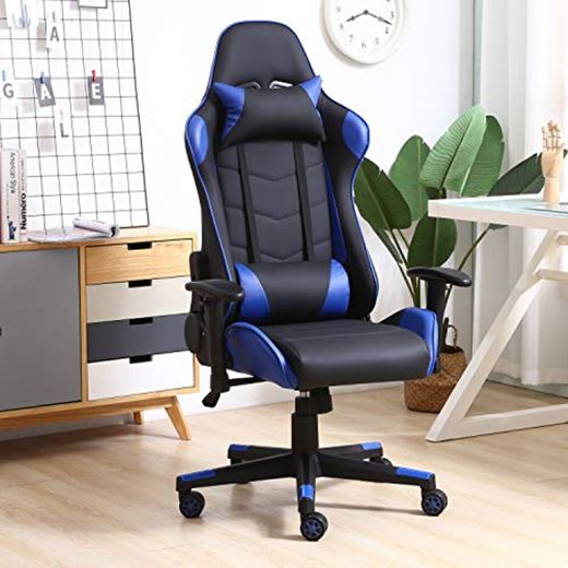 VS Venta-stock Sillón de Oficina Gaming Racer Profesional Azul, Silla con Reposacabeza