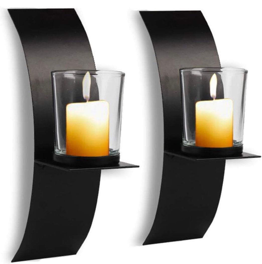 2 Pcs Modern Art Candle Holder For Wall Iron Art Candle Holder With Glass Cup Wall Sconces Set Of Two Candle Holder Metal Black for Home Wedding Living Room Decoration