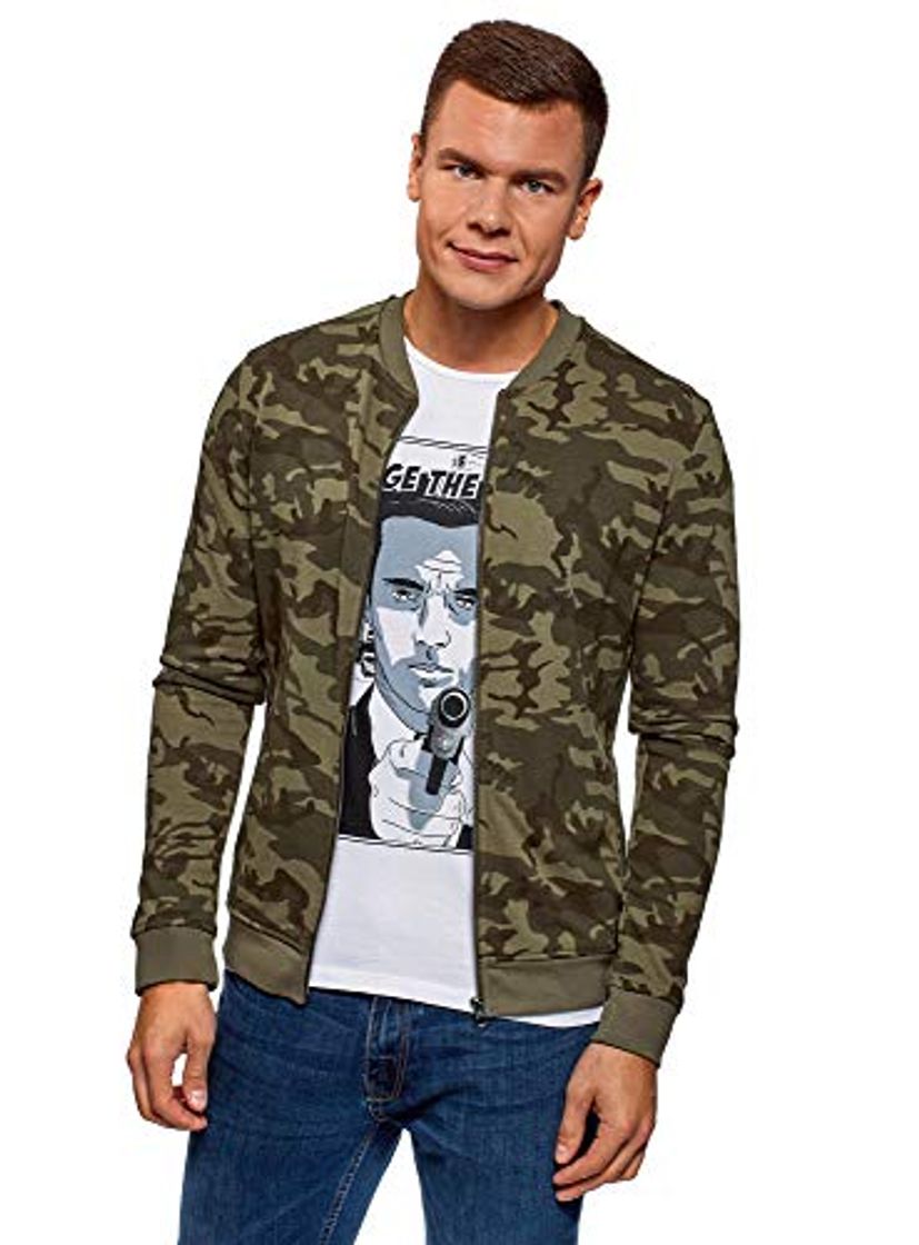 Fashion oodji Ultra Hombre Sudadera con Cremallera de Estilo Militar, Verde, ES 46-48