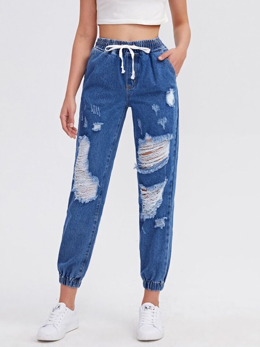 Moda Tie Waist Ripped Jogger Cropped Jeans