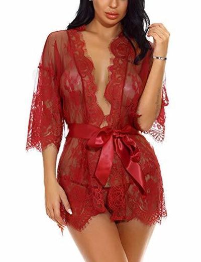 Sykooria Conjunto de Lencería Sexy Bata de Encaje Babydoll Kimono Ropa de