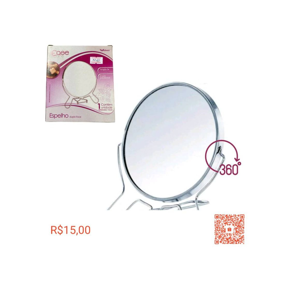 Social Espelho 2 EM 1  Aumento Zoom Dupla Face Com Suporte Espelho 