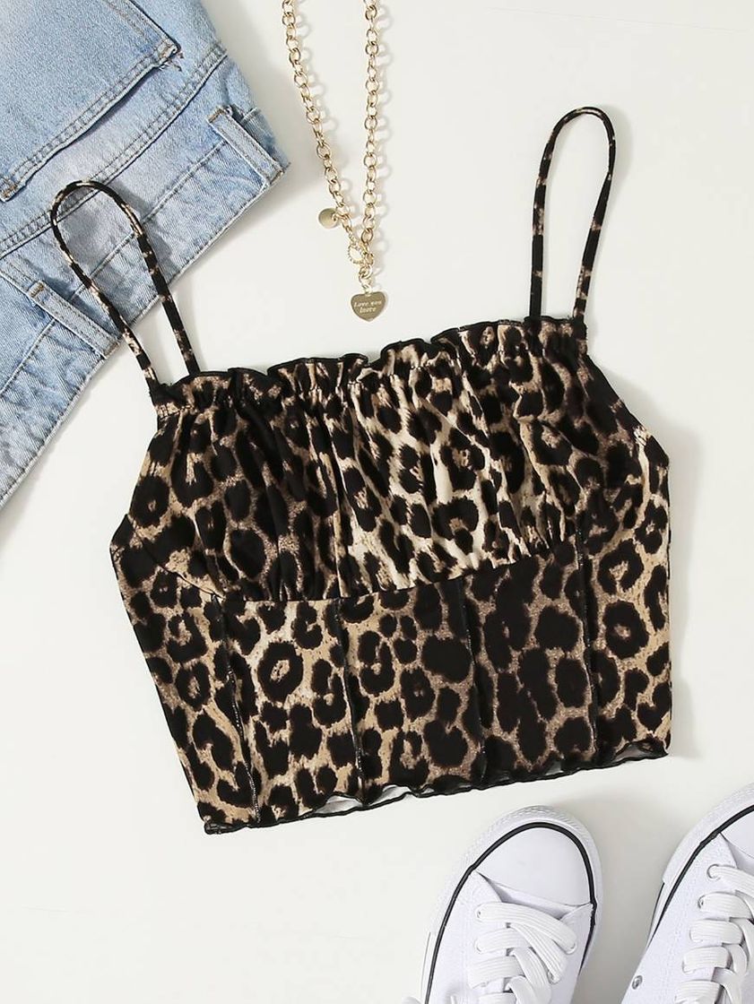 Moda Top de cami de leopardo com costura franzida no busto