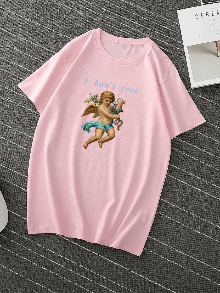 Fashion Camiseta masculina com slogan e anjo 