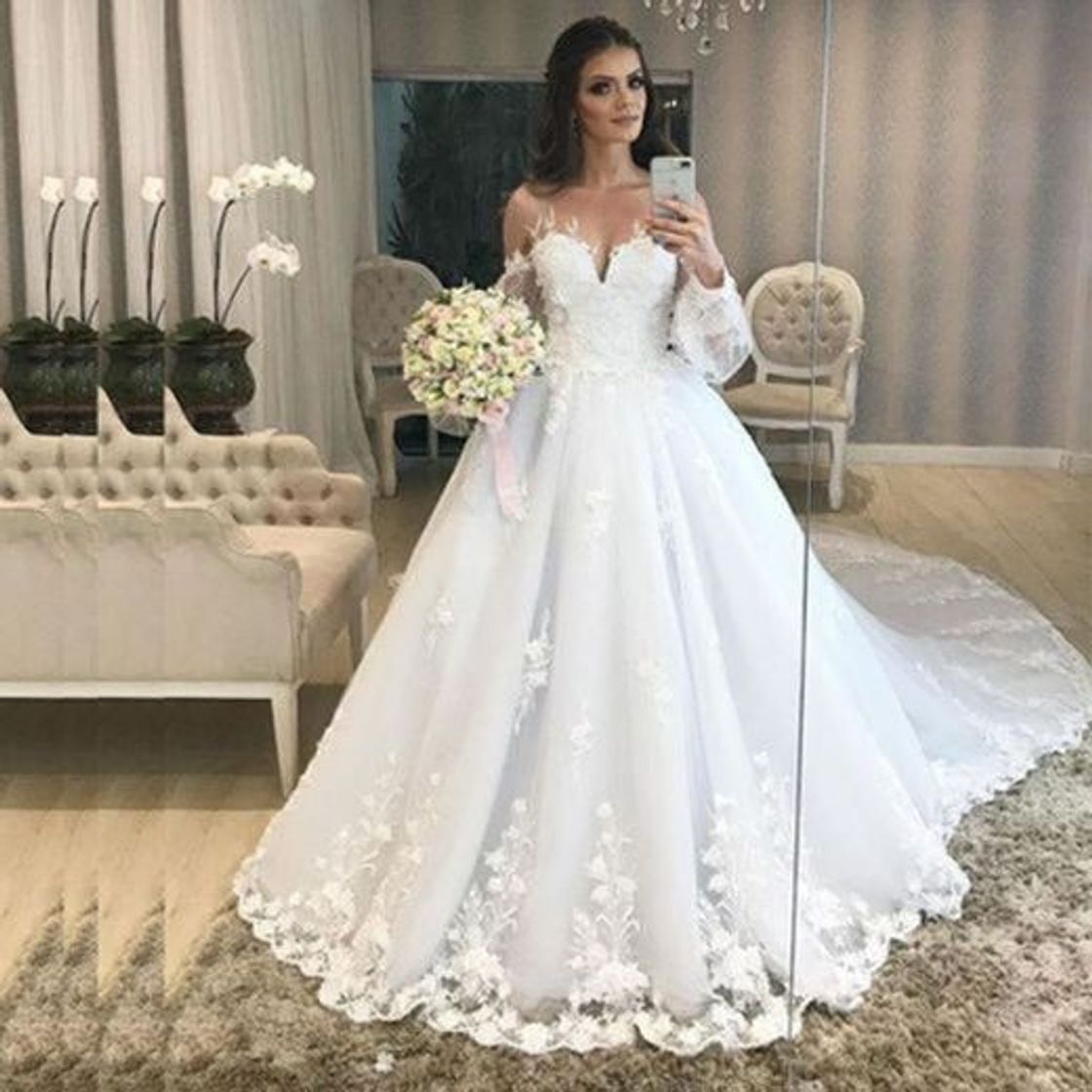 Moda NO BRAND Manga larga Vestido de Noiva de encaje vestidos de novia