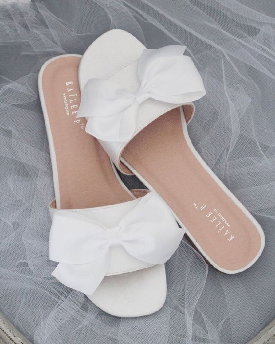 Moda White Satin Slide Flat Sandals With Satin Bow Bridal 