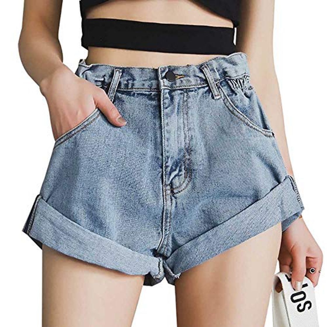 Social Pantalones Cortos de Mezclilla prensados ​​de Cintura Alta Vintage para Mujer Pantalones