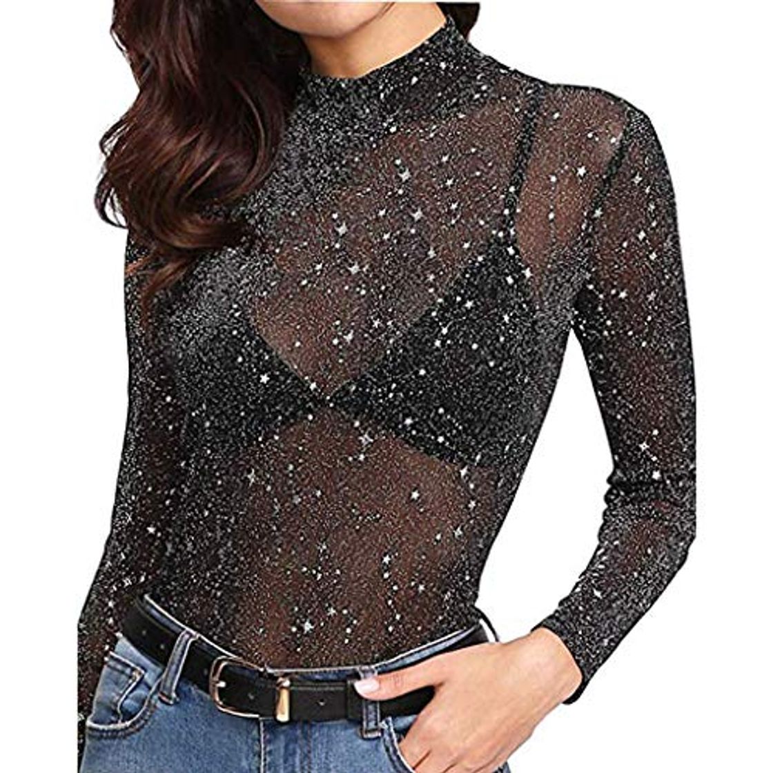 Fashion Camisas Mujer Fiesta Lentejuelas Verano Sexy 2019 Camiseta Mujer Elegantes de Manga Larga Transparente Top Camisola de Mujer Blusa