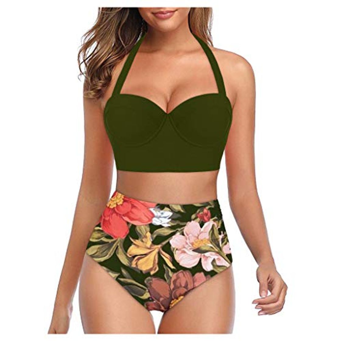 Social Bikinis Mujer 2020 Push Up Halter Bikini Traje de baño Acolchado Bra Tops y Braguitas Traje de Baño de Dos Piezas Talla Grande Bañador Vacaciones Ropa de Playa riou