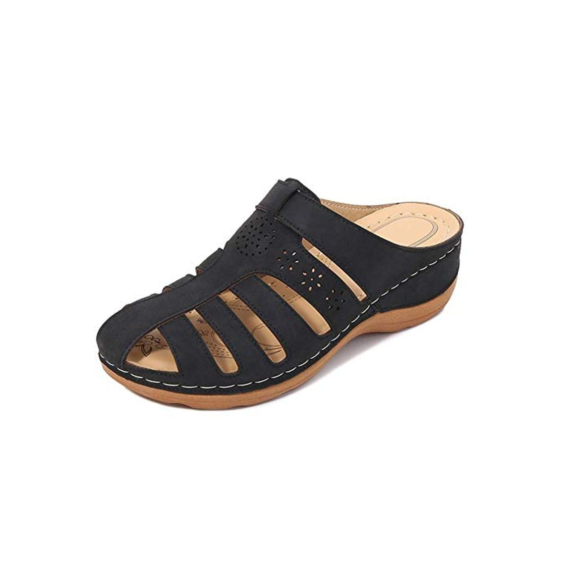 Moda JEVCTCN Sandálias Casuais de Verão Femininas Cunha Sandália de Couro de Verão Sapatos com Plataforma Fechada Sandálias Sem Encosto Mulas Anti Loafer Flat Wide Fit Garden Chinelos para Caminh