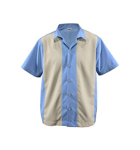 D600 - Camisa de bolos para hombre, estilo rockabilly, dos tonos Azul