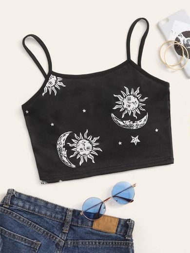 blusinha preta com desenho de sol e lua shein