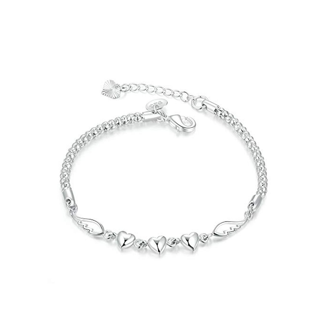 Moda Nobrand 925 Plata Esterlina Doble Alas De Ángel Pulseras con Dijes De Corazón para Mujer Moda Cristal Joyería De Plata Esterlina Pulseira Feminina 25 Cm