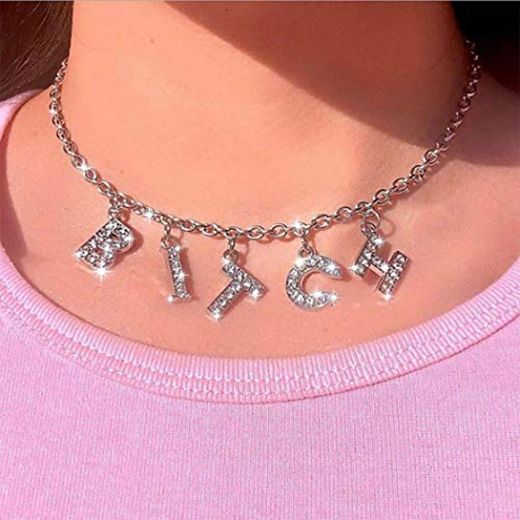 Simsly Gargantilla de cristal vintage con diamantes de imitación de plata "BITCH" con colgante de cadena ajustable para mujeres y niñas