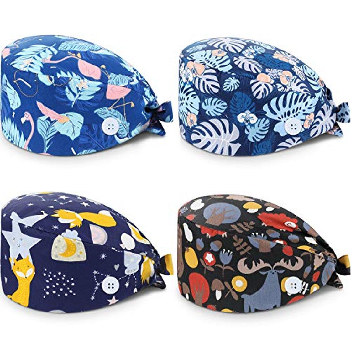 Social SATINIOR 4 Paquetes Gorros Quirúrgicos Gorro Turbante Estampado Gorro Matorrales Bouffant de Pelo Ajustable Gorro Médico Unisex con Banda de Sudor para Belleza Trabajador Cuidado Personal