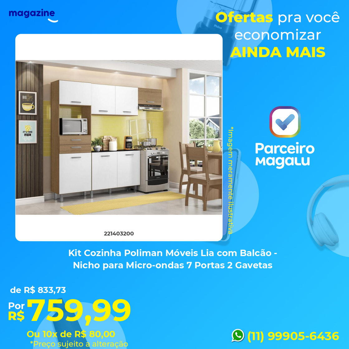 Moda Kit Cozinha Poliman Móveis Lia com Balcão - 