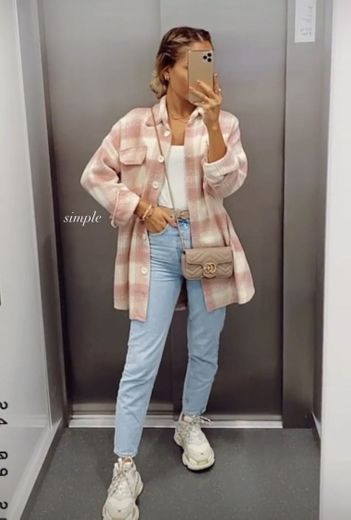 Straight Jeans | Pink plaid coat | Gray Gucci bag | And white shoes 