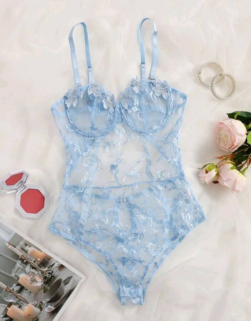 Fashion Lingerie azul bebê bordada