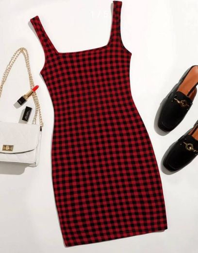 Double Square Neck Buffalo Plaid Dress | SHEIN USA