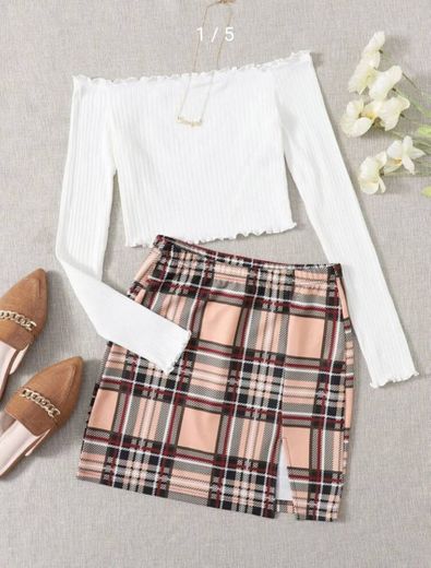 Lettuce Trim Crop Bardot Top & Split Hem Tartan Skirt Set for Sale ...