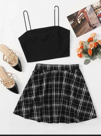 https://m.shein.com/br/Solid-Crop-Cami-Top-Tartan-Skirt-Set-