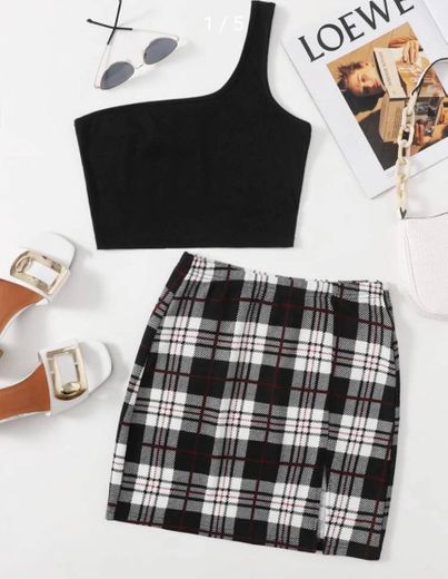 One Shoulder Crop Top & Slit Hem Plaid Skirt Set | SHEIN USA