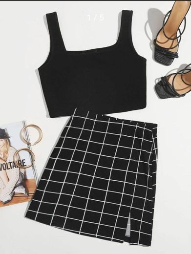 Solid Tank Top & Split Hem Grid Skirt Set | SHEIN USA