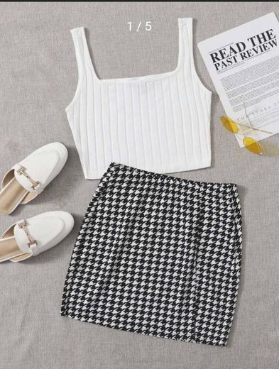 Rib-knit Tank Top and Houndstooth Skirt Set | SHEIN USA