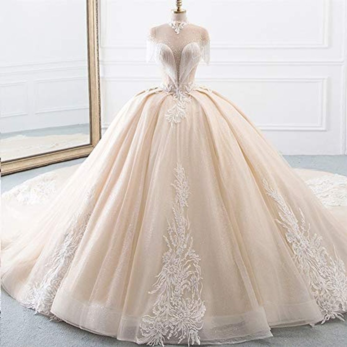 Social Vestido de novia de gasa de encaje de tul de novia vestido de la llegada de cuello alto de bola del vestido de boda de los vestidos de la princesa de la borla de las mangas del traje brillante Mariee