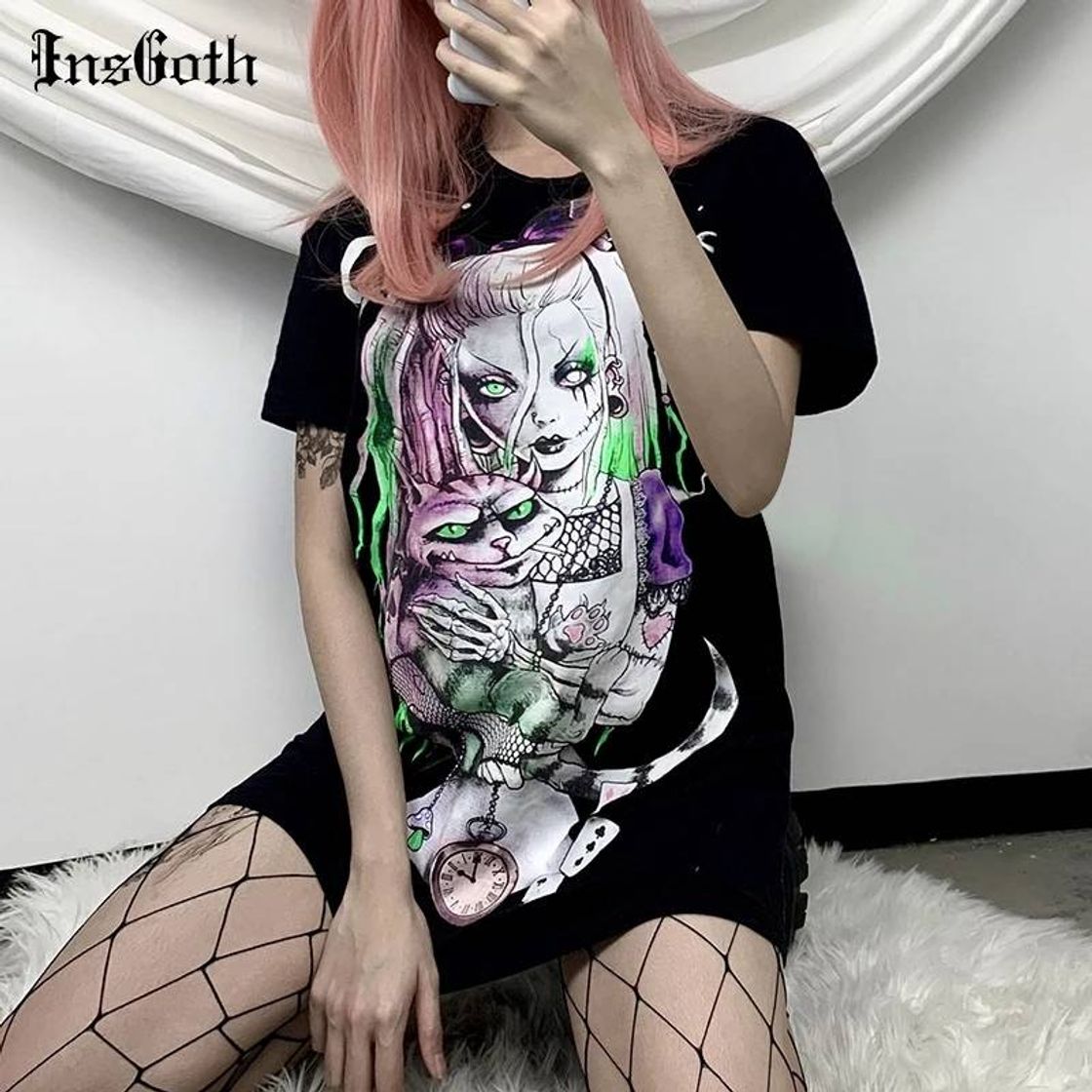 Fashion Camiseta preta solta harajuku streetwear insgoth casual