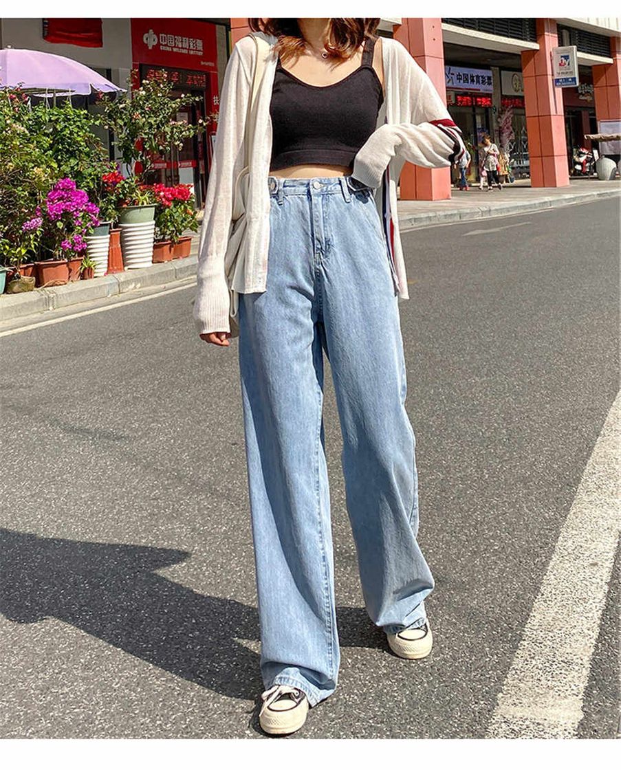 HSDFKD Woman Jeans High Waist Clothes Wide Leg Denim Clothing Blue Streetwear Straight Pants，Blue，XL
