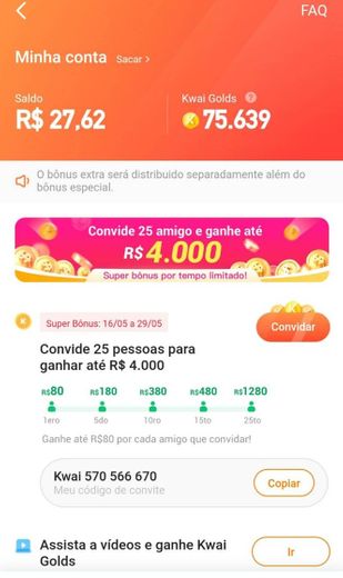 Ganhe dinheiro com o Kwai, utilize o meu código!