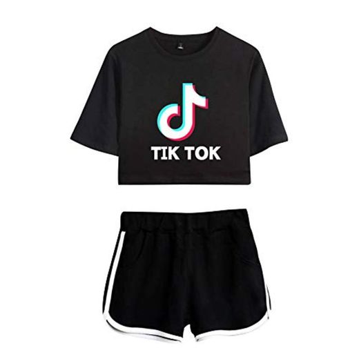 TIK Tok Conjunto 2 Piezas Mujer Verano Completo Sportivo Pantalon y Crop Top Manga Corta Chandal Gimnasio Deporte Traje de Running Gym Sportwear Tracksuit Sweatsuit Streetwear C00605TXDKBKM