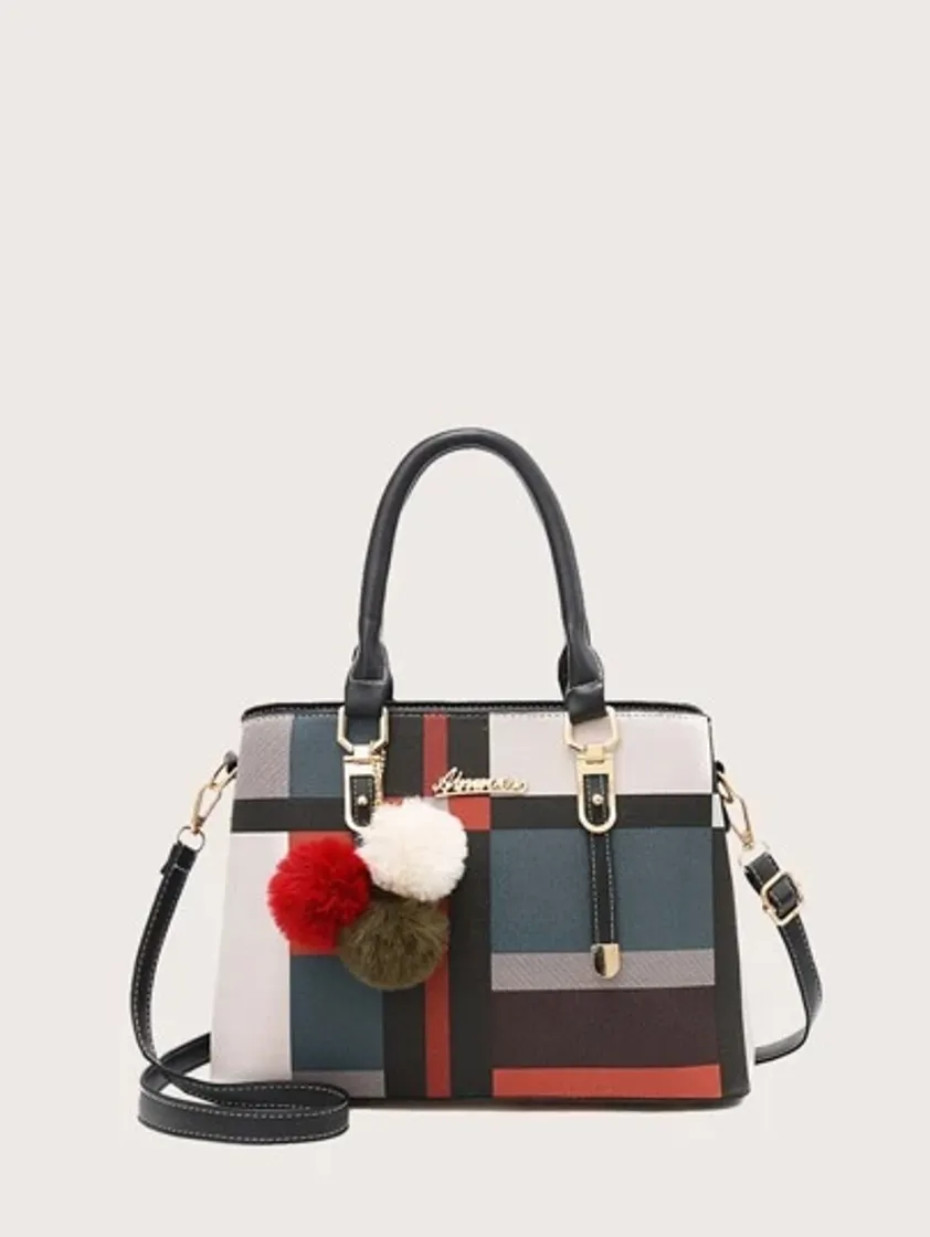 Fashion Faux Pearl & Pom-pom Decor Striped Panel Satchel Bolsa | SHEIN ...