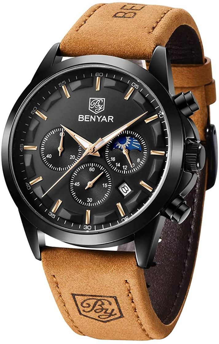 Social BENYAR Reloj cronógrafo para Hombre Movimiento de Cuarzo Correa de Cuero Fashion Business Sports Watch 30M Impermeable Elegante Regalo de los Hombres