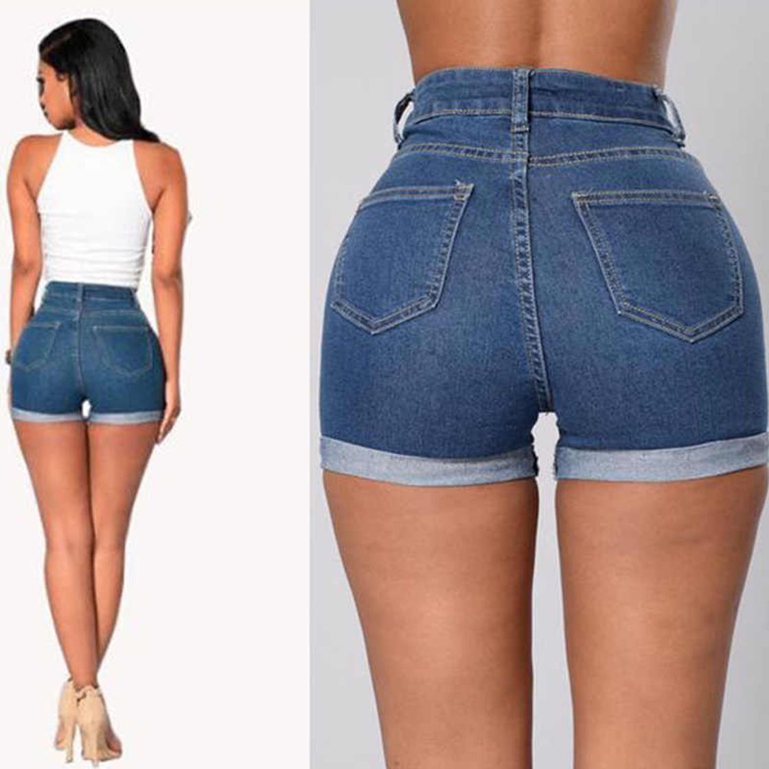 Place Pantalones Cortos de Jeans para Mujer Cintura Alta Slim Fit Pantalón Corto