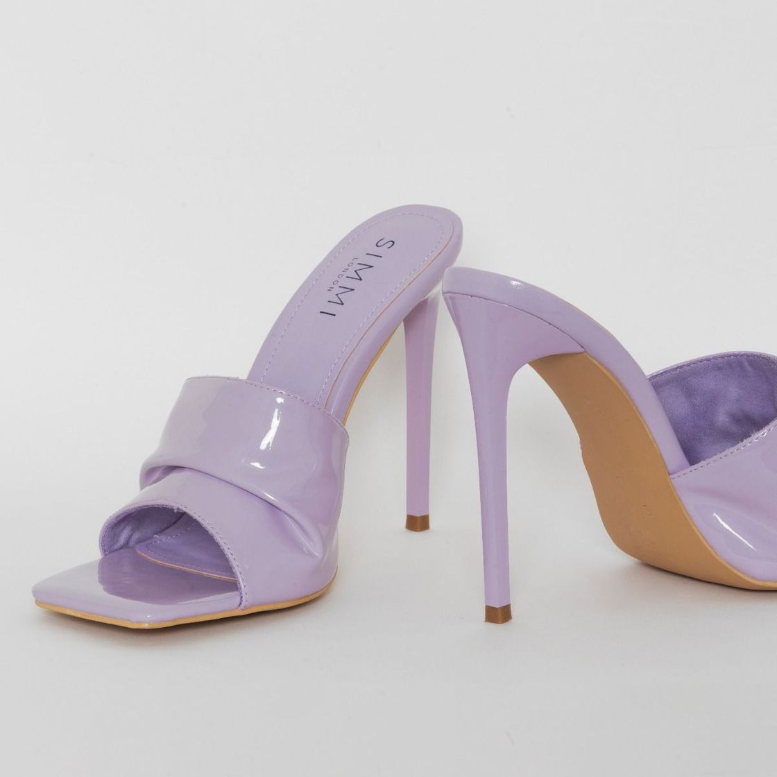 Moda NORA LILAC PATENT RUCHED SQUARE TOE STILETTO MULES