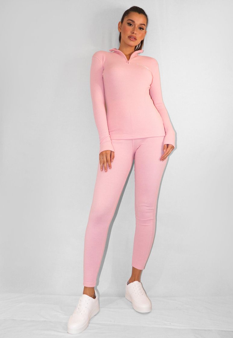 Fashion Bright Pink Zip Front Rib High Neck Unitard