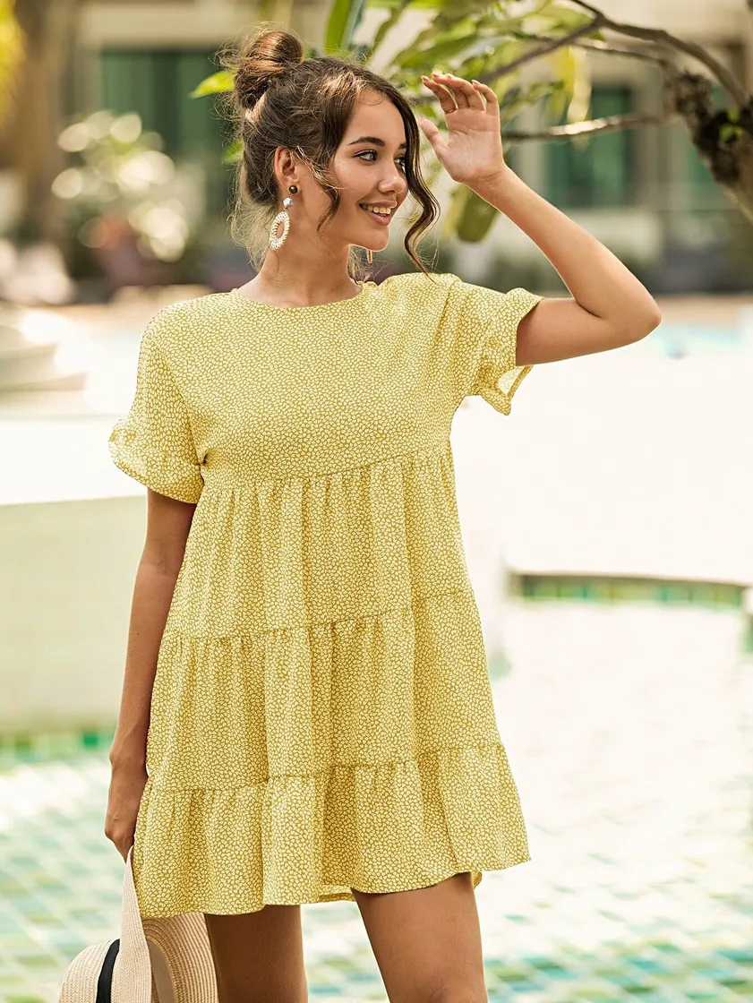 Social Allover Print Ruffle Hem Babydoll Dress