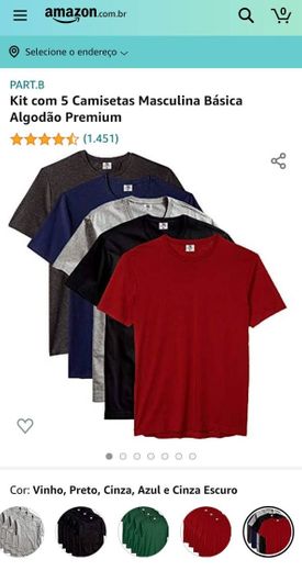 Kit 5 camisetas masculina básica algodão Premium por 119,90 