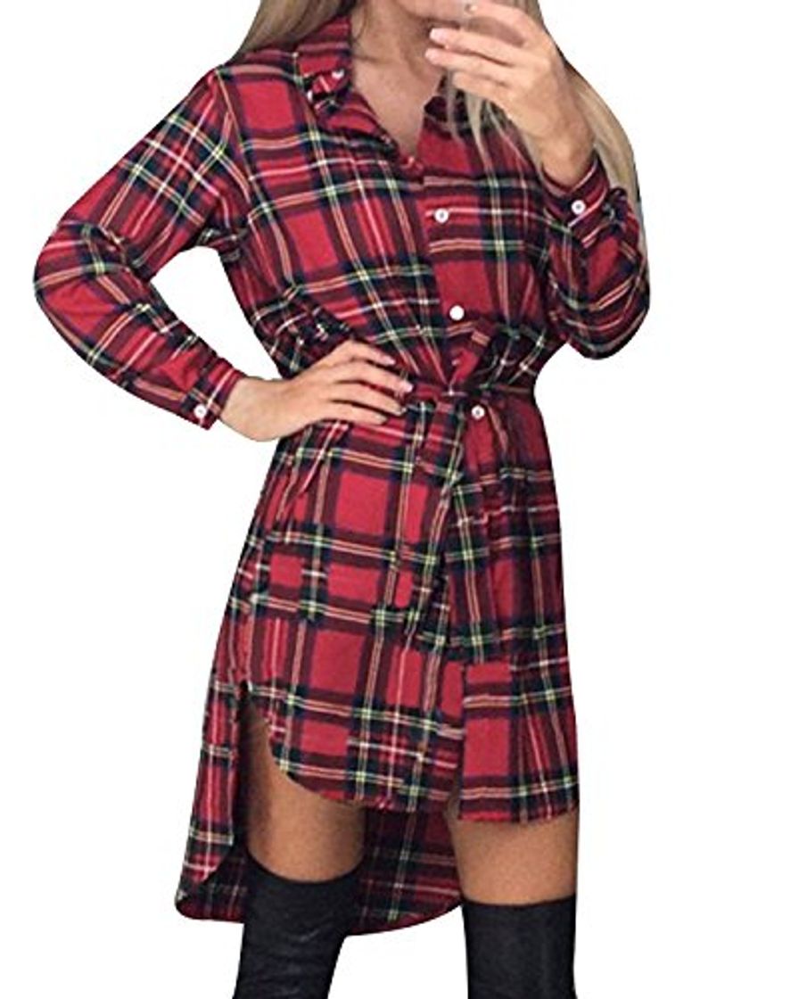 Social Style Dome Vestido Mujer Camisa Blusa a Cuadros Cinta Elegante Fiesta Mangas Largas Cóctel Noche Rojo S