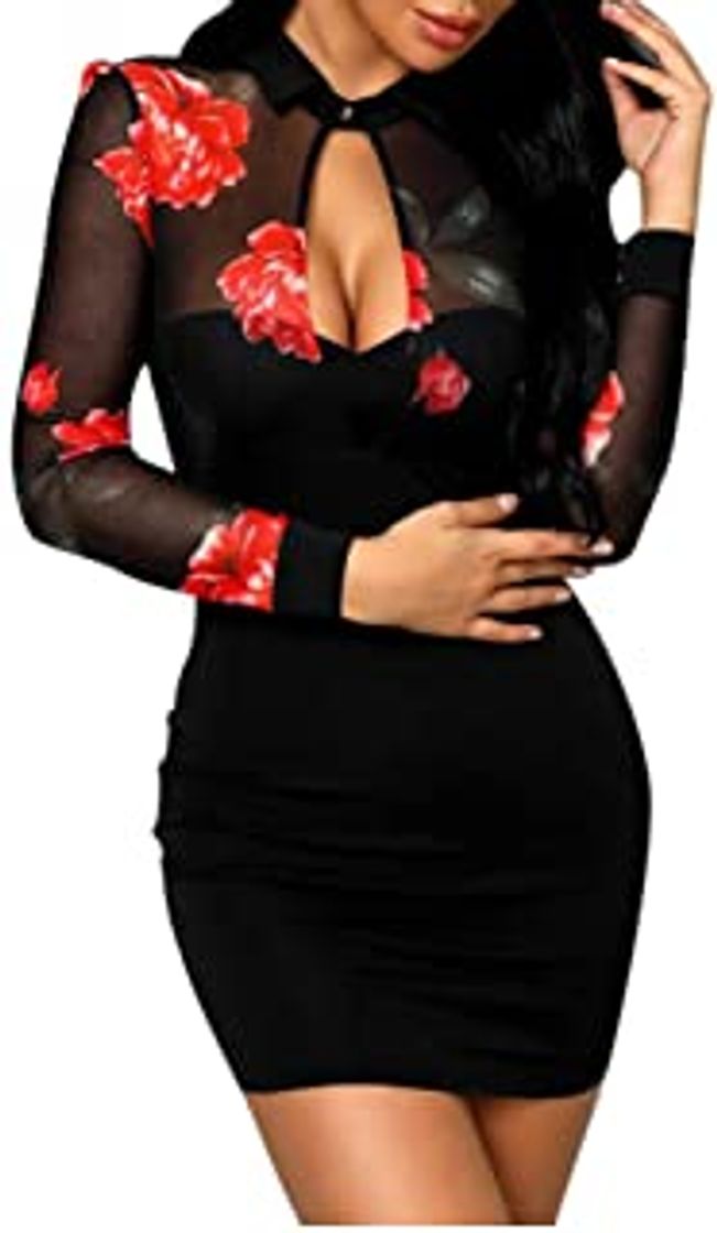 Social riou Mujer Vestido Cuello Redondo Manga Larga Vestido de Trabajo Informal Ajustado con Rayas Transparentes de Malla Bodycon Sexy Mini Vestido para Fiesta