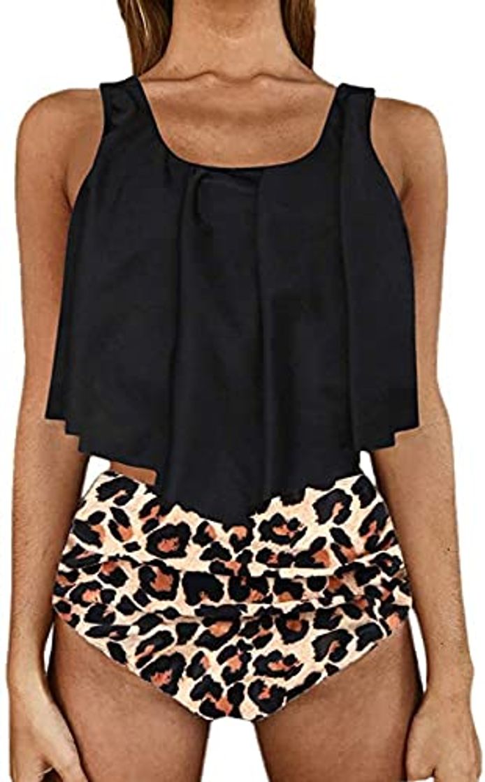 Moda LINGZE Roupa de banho Feminina para Meninas maiô de duas peças Tops Conjunto de biquíni com babados Cintura Alta Design Elegante Estampa de Leopardo Plus Size biquíni plissado retrô nostálgico biqu