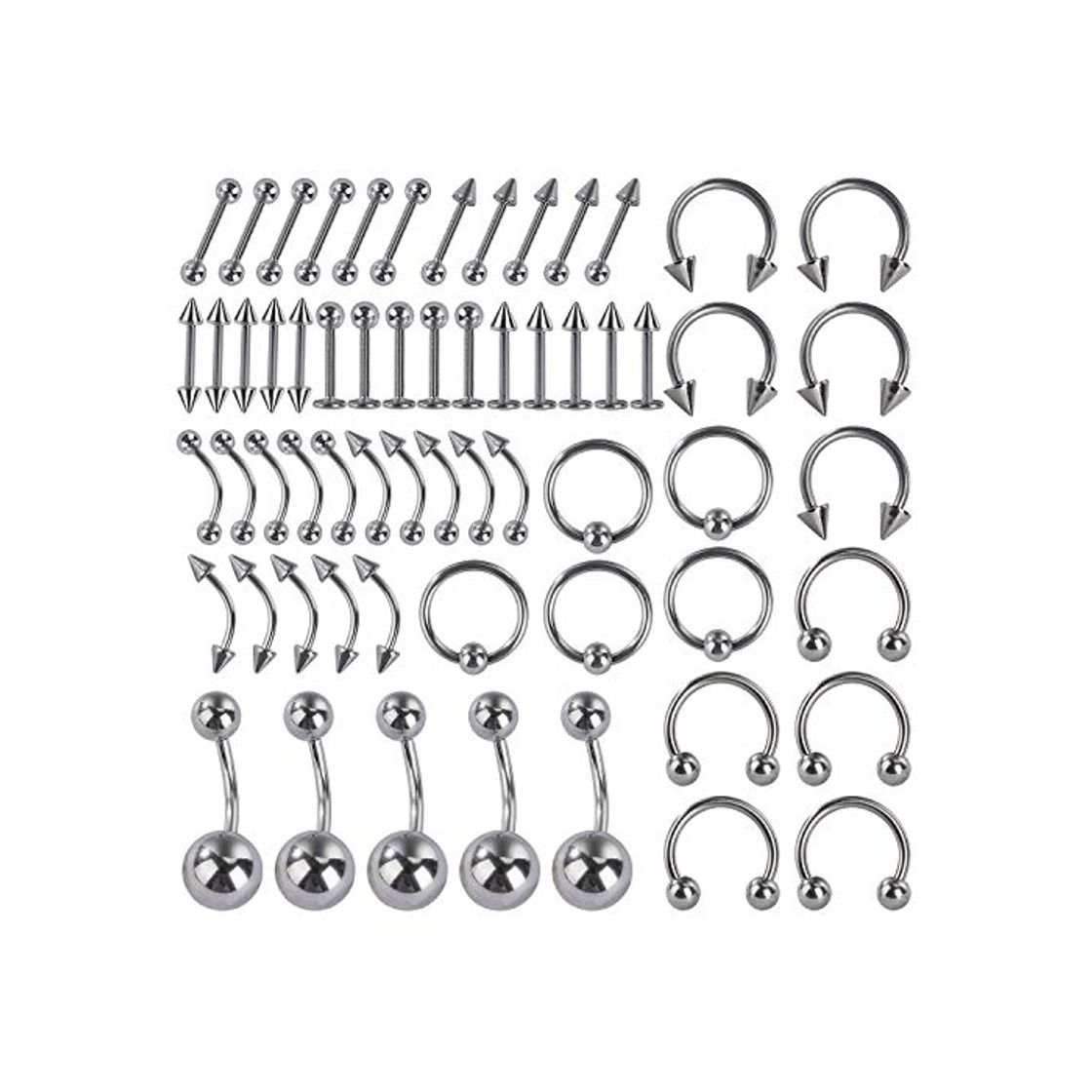 Producto Cuerpo Piercing Kit Anillo de Nariz Lengua Labio Tragus Oreja Ceja Pezón Cartílago Tragus Acero Quirúrgico 60 Piezas